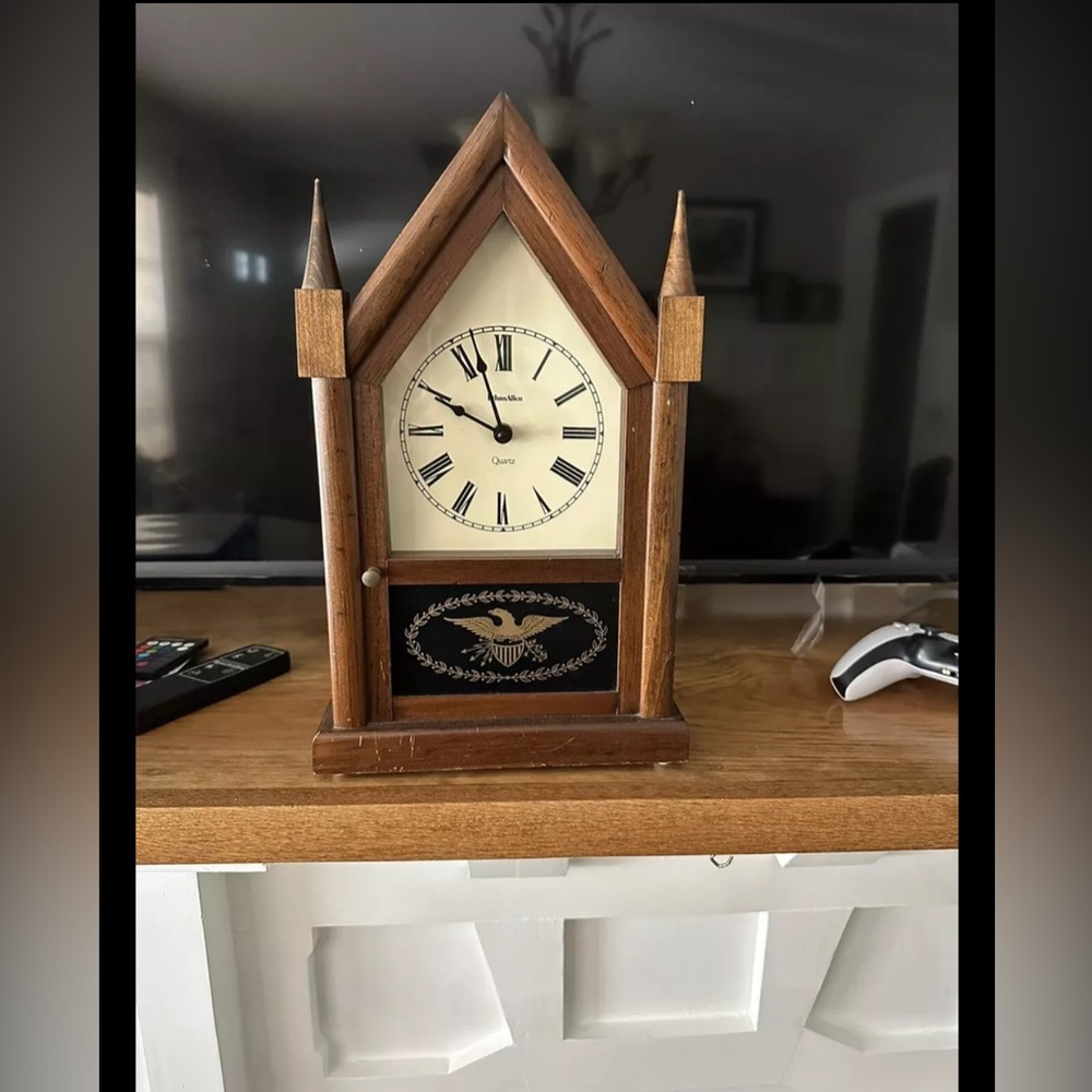 Vintage Ethan Allen Wooden Steeple Mantle Clock Eagle USA  15.5"